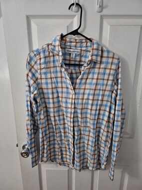 Amazon Essentials Women’s Plaid Button-Down Shirt - Light Blue & Brown